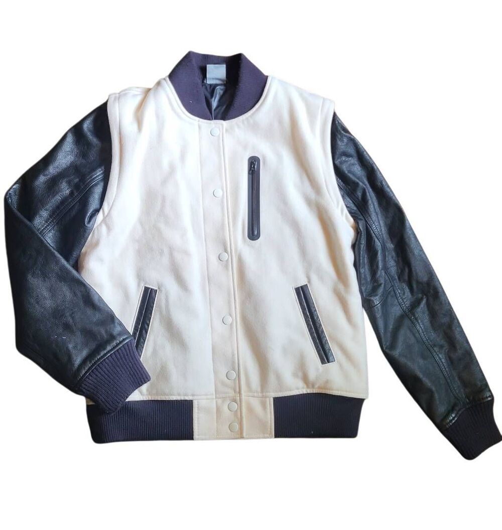 Nike Jacket Women's Large Ivory Black Destroyer Leather Wool Varsity Bomber